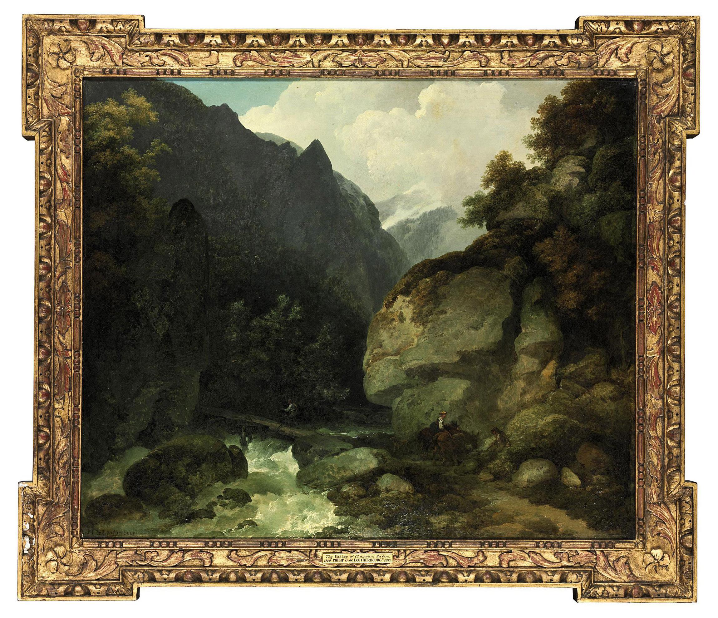 Philip James de Loutherbourg - A mountainous river landscape in the Alps, with travellers on a path