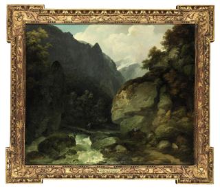 Philip James de Loutherbourg - A mountainous river landscape in the Alps, with travellers on a path