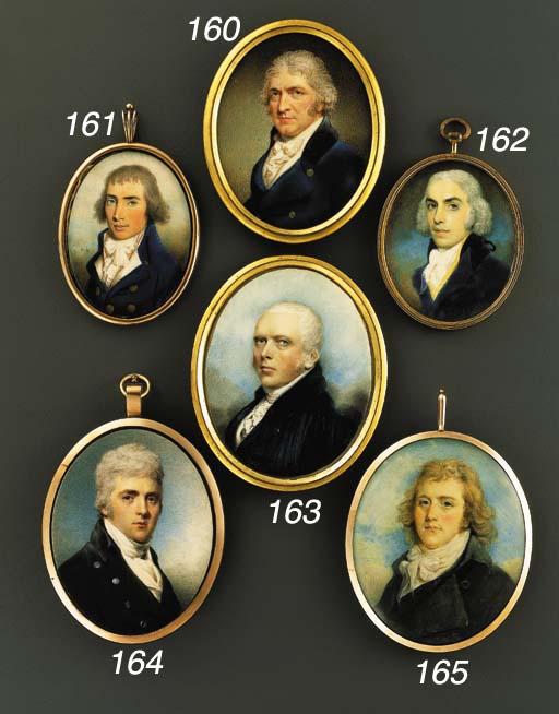 Philip Jean - A gentleman, facing left in blue coat with black velvet collar and gilt buttons, white waistcoat, knotted white cravat with jabot, powdered curly hair and sidewhiskers