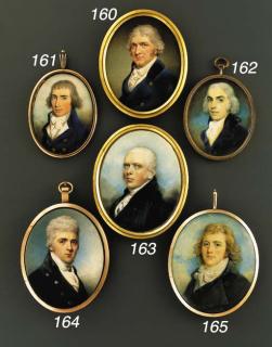 Philip Jean - A gentleman, facing left in blue coat with black velvet collar and gilt buttons, white waistcoat, knotted white cravat with jabot, powdered curly hair and sidewhiskers