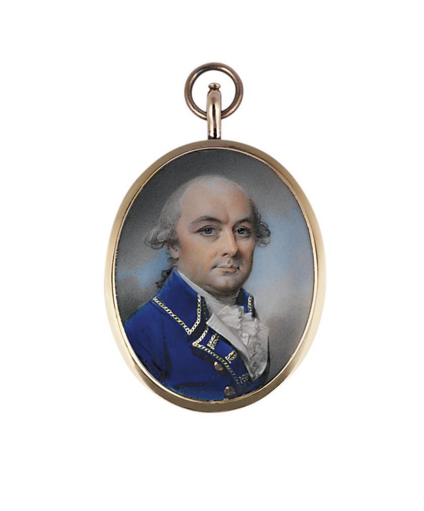 Philip Jean - A gentleman, in gold-trimmed blue coat, brass buttons, white waistcoat and frilled cravat, powdered hair en queue; sky background