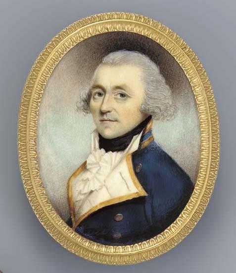 Philip Jean - A Naval officer, facing left in blue coat with gold-bordered white facings, white waistcoat and frilled cravat, black stock, powdered hair