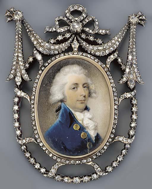 Philip Jean - A young gentleman, facing right in blue coat with large gold buttons, gold-bordered white waistcoat and frilled cravat, powdered wig en queue