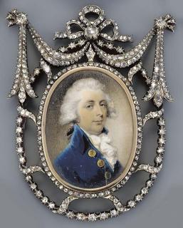 Philip Jean - A young gentleman, facing right in blue coat with large gold buttons, gold-bordered white waistcoat and frilled cravat, powdered wig en queue
