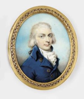 Philip Jean - A young gentleman, facing right in blue coat with large gold buttons, white waistcoat and frilled cravat, powdered hair en queue