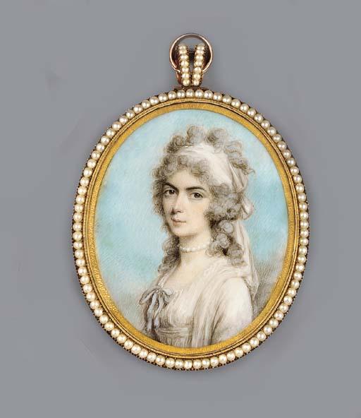 Philip Jean - A young lady, facing left in white dress and overcoat, pale blue bow at corsage, knotted white scarf in her long powdered curling hair, pearl choker; cloud and sky background