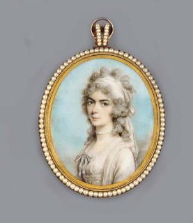 Philip Jean - A young lady, facing left in white dress and overcoat, pale blue bow at corsage, knotted white scarf in her long powdered curling hair, pearl choker; cloud and sky background