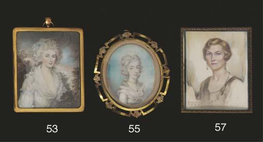 Philip Jean - A young lady, in friled white dress adorned with pearls, wearing a gold necklace, a white ribbon in her powdered curling hair