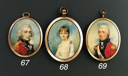 Philip Jean - A young officer, facing right in red coat with gold-edged blue lapels and collar, gold epaulette set with a star, knotted black cravat and frilled white jabot, powdered hair en queue; cloud and sky background