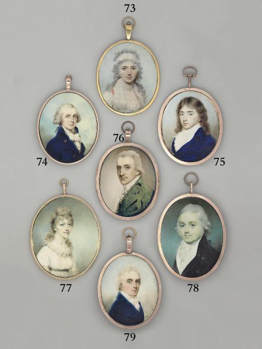 Philip Jean - Newman Knowlys (1758-1836), Recorder of London, in blue coat with gold buttons, white shirt and cravat, powdered hair; sky background