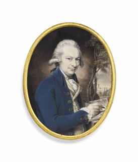 Philip Jean - Paul Sandby (1731-1809), In Blue Coat, White Waistcoat And Cravat, Powdered Hair En Queue, Holding A Pen And Open Book; Landscape Background With Windsor Castle In The Distance