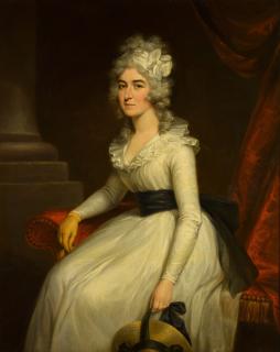 Philip Jean - Portrait of Mrs Bryan Barrett (1759–1834), three-quarter-length, seated, wearing a white dress with a black sash and a yellow leather glove, holding a straw hat