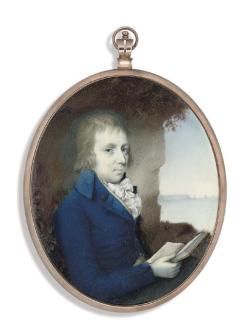 Philip Jean - Thomas Sinclair of Abbeyville, in blue coat, white waistcoat, white frilled cravat, holding an open book in his right hand; cliffs and seascape background