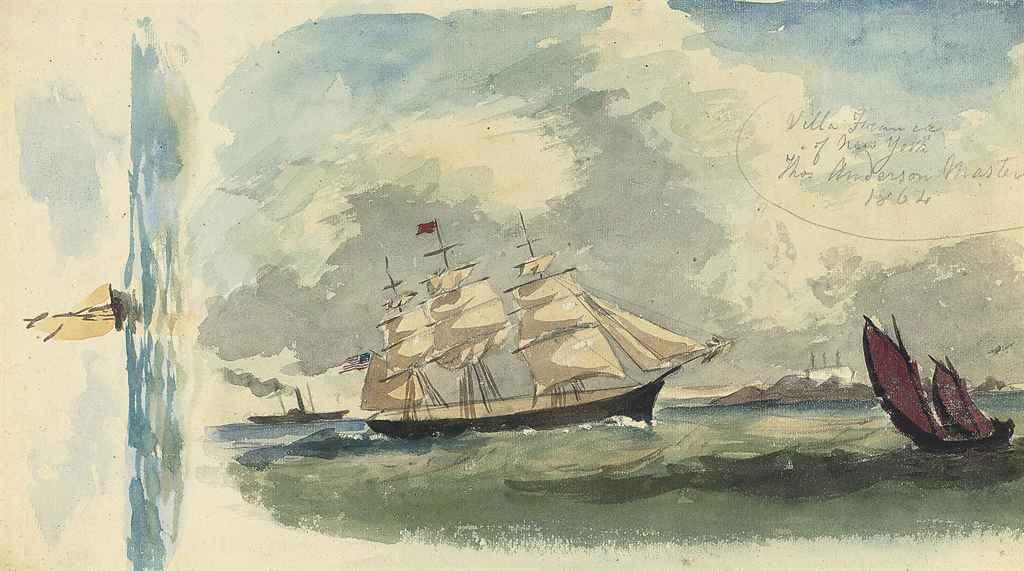 Philip John Ouless - A folio of twelve sketches of maritime and continental views including: the trading vessel Villa Franca of New York (illustrated); and A paddle steamer in rough seas; A study of an English paddle steamer