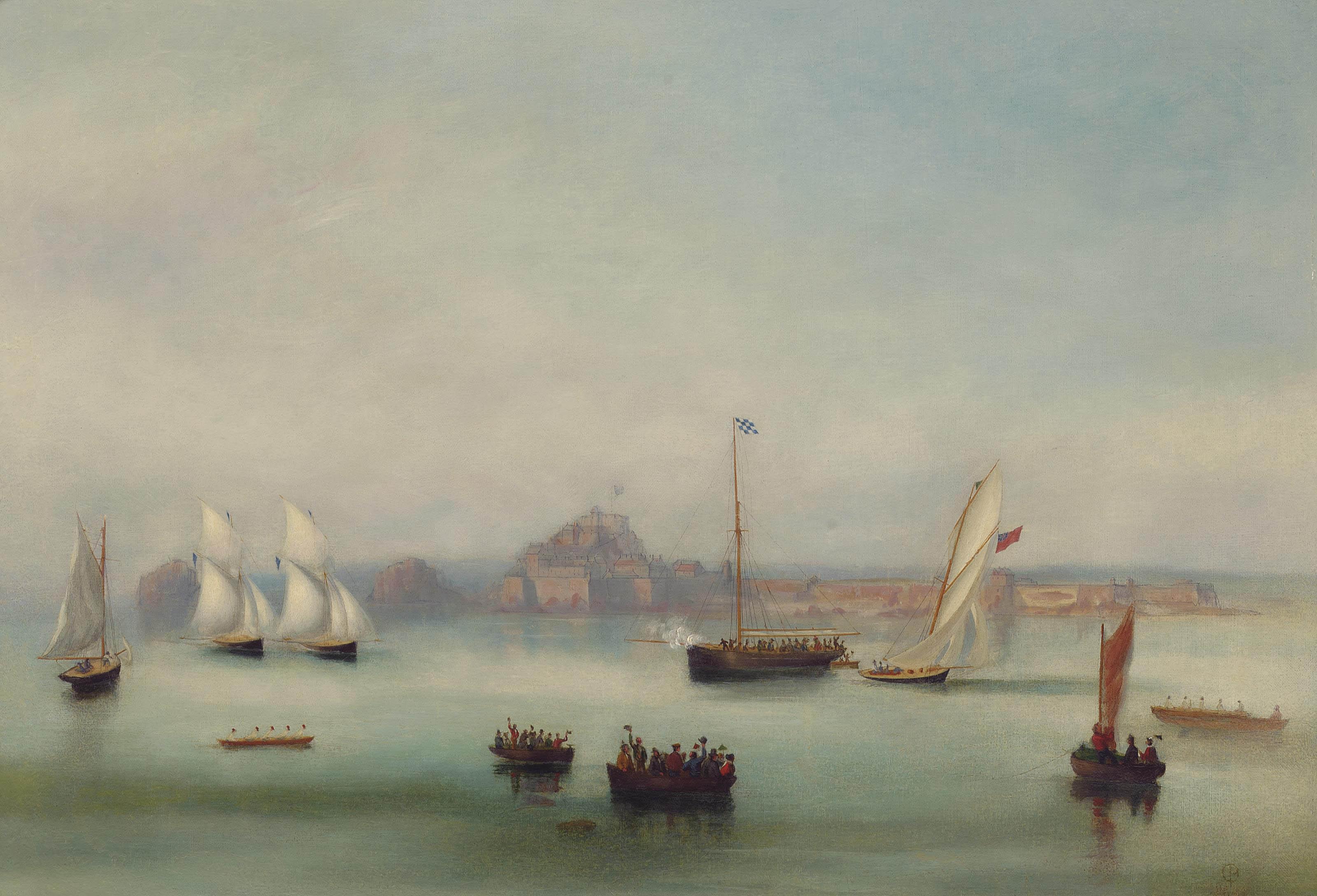 Philip John Ouless - Bonita crossing the line, ahead of Luline and L\'Hirondelle after a close-run three-hour race, on 21th August 1862, off St Helier, one of the first races of the newly formed Royal Channel Islands Yacht Club