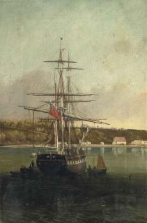 Philip John Ouless - The brig Homely of Jersey unloading off Le Banc de Paspebiac, Quebec, Le Bouthillier shed on the wharf and the Catholic Church on the hill beyond, Canada