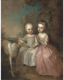 Philip Mercier - Double Portrait Of A Boy And A Girl In A Landscape, Full-Length, With A Greyhound, He In An Oyster Satin Dress, She In A Pink Dress