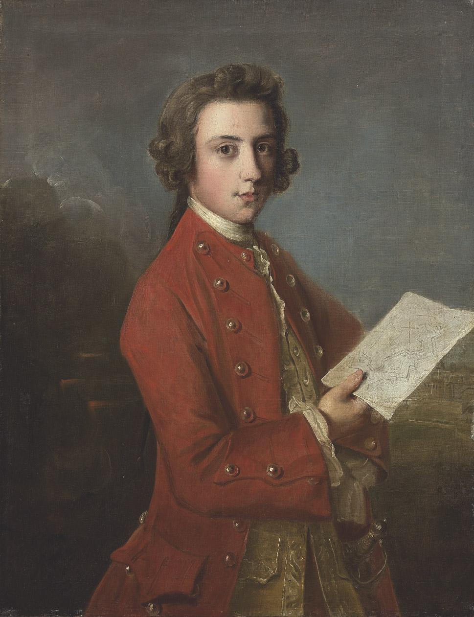 Philip Mercier - Portrait of a boy, said to be General James Wolfe, three-quarter-length, in a red coat, holding plans of fortifications
