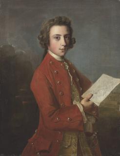 Philip Mercier - Portrait of a boy, said to be General James Wolfe, three-quarter-length, in a red coat, holding plans of fortifications