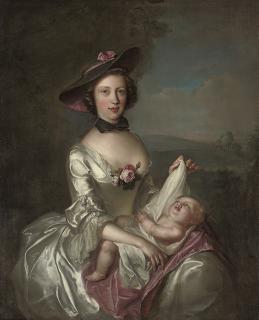 Philip Mercier - Portrait of Elizabeth Boyd And Child, Three-Quarter-Length, In An Oyster Satin Dress And Black And Pink Trimmed Hat, In A Landscape