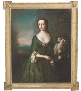 Philip Mercier - Portrait of Mrs. Hamilton Gordon of Newhailes, Three-Quarter Length, In A Green Dress With White Fichu In A Landscape
