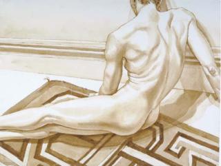 Philip Pearlstein - Female nude on a Navajo rug, seen from behind