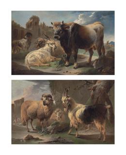 Philip Peter Roos - A bull, goat, ram and sheepdog before ruins in a rocky landscape; and A sheep and a goat, with a horseman beyond in a rocky landscape