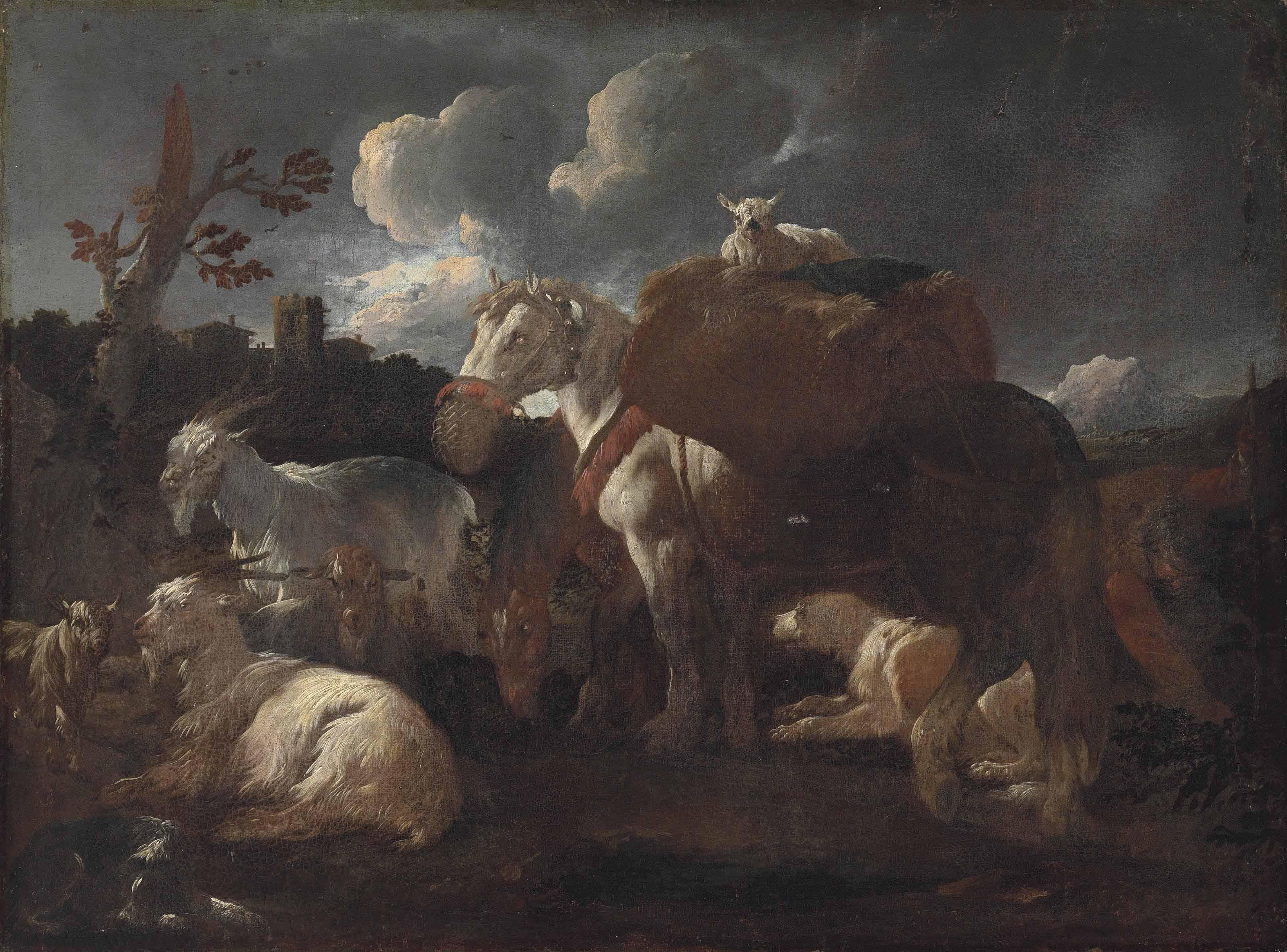 Philip Peter Roos - A goatherd with his flock and horse in a landscape