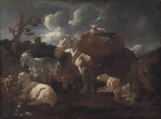 Philip Peter Roos - A goatherd with his flock and horse in a landscape