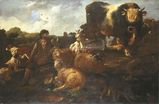 Philip Peter Roos - A peasant surrounded by dogs, sheep, a bull and other animals within a landscape