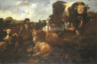 Philip Peter Roos - A peasant surrounded by dogs, sheep, a bull and other animals within a landscape
