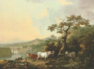 Philip Reinagle, R.A. - A River Landscape With Livestock And A Rustic Couple, A Wagon On The Road Beyond