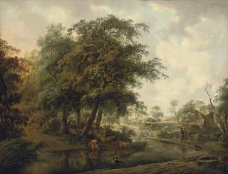 Philip Reinagle, R.A. - A Wooded River Landscape With Travellers On A Track, A Shepherdess And Her Flock On A Bank