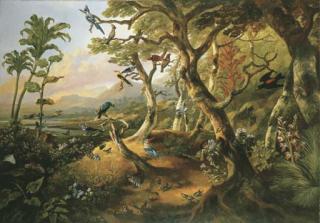 Philip Reinagle, R.A. - Exotic birds and insects among trees and foliage in a mountainous river landscape