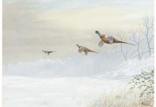 Philip Rickman - Pheasants in a winter landscape; and Ducks over a marsh