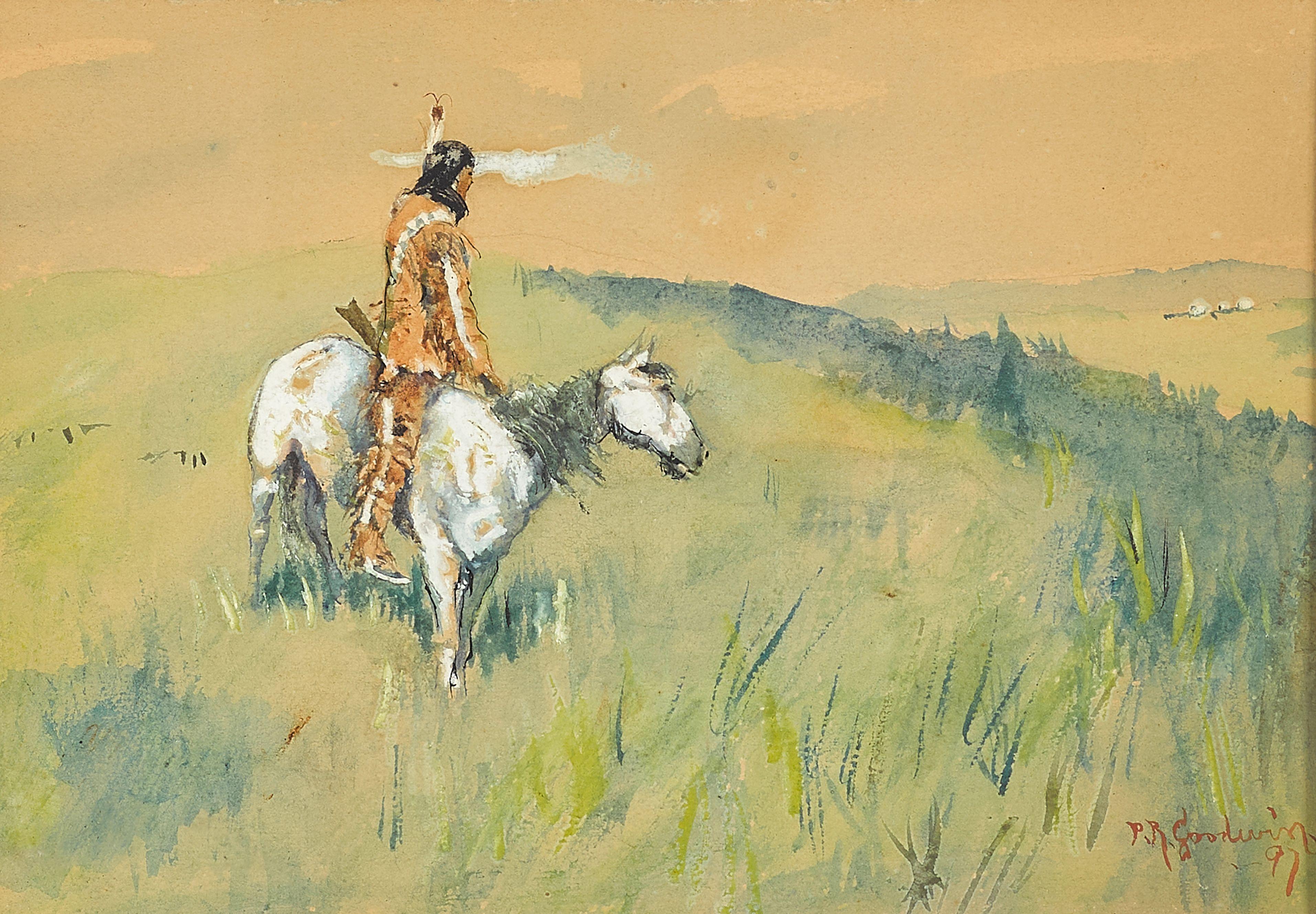 Philip Russell Goodwin - Native figure on horseback observing a wagon train