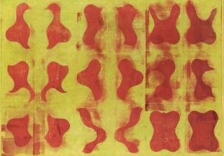 Philip Taaffe - Untitled (Red Forms on Chartreuse Ground)