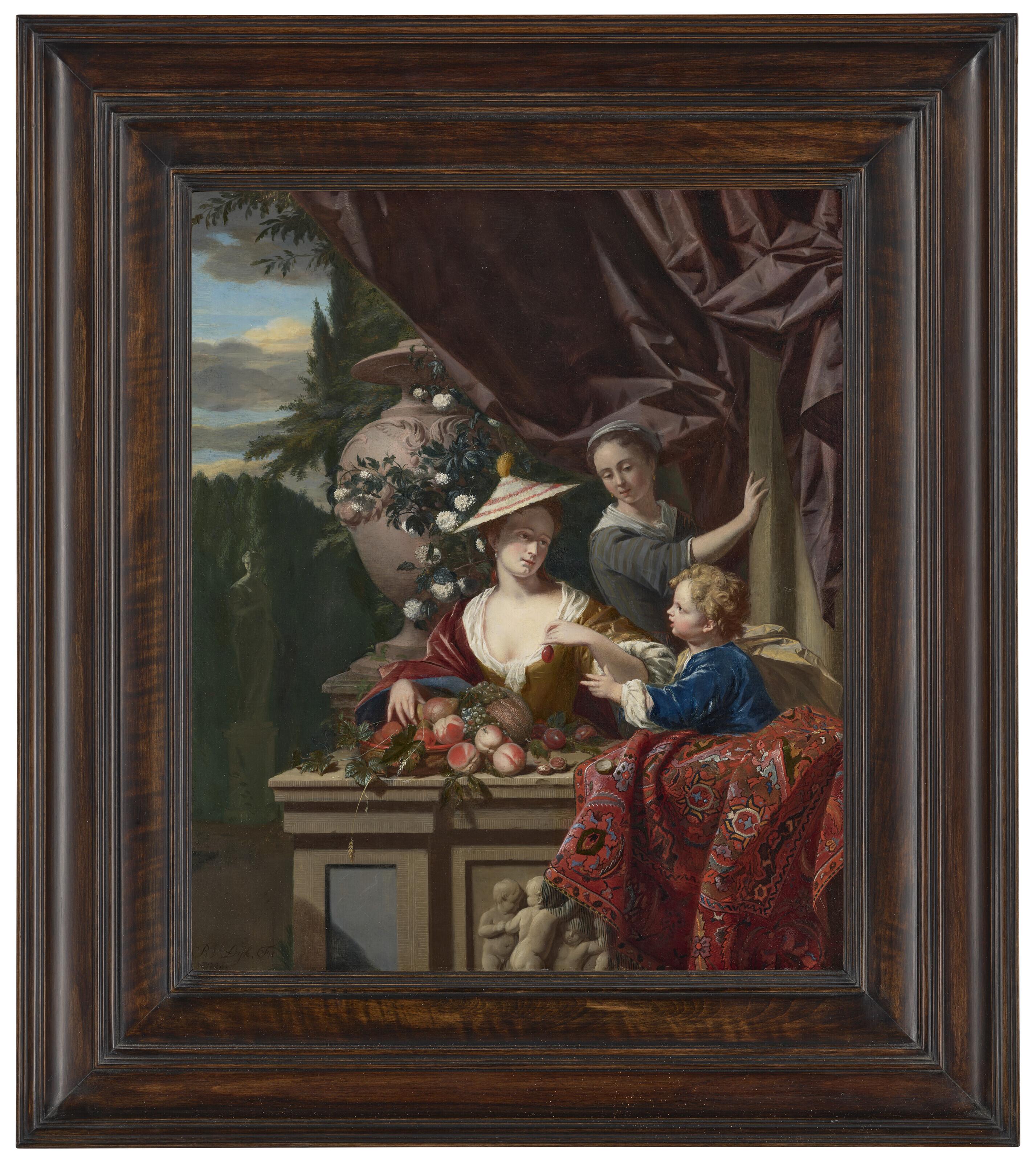 Philip van Dijk - Three figures standing behind a stone ledge, with a basket of peaches, melons and grapes, in a landscape