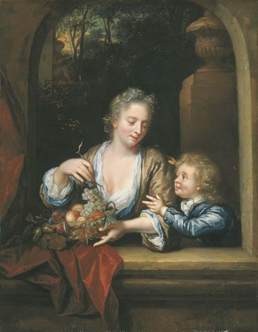 Philip Van Dyck - A mother and child with a basket of fruit at a casement