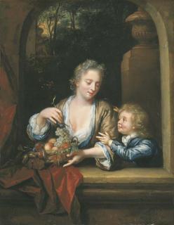 Philip Van Dyck - A mother and child with a basket of fruit at a casement