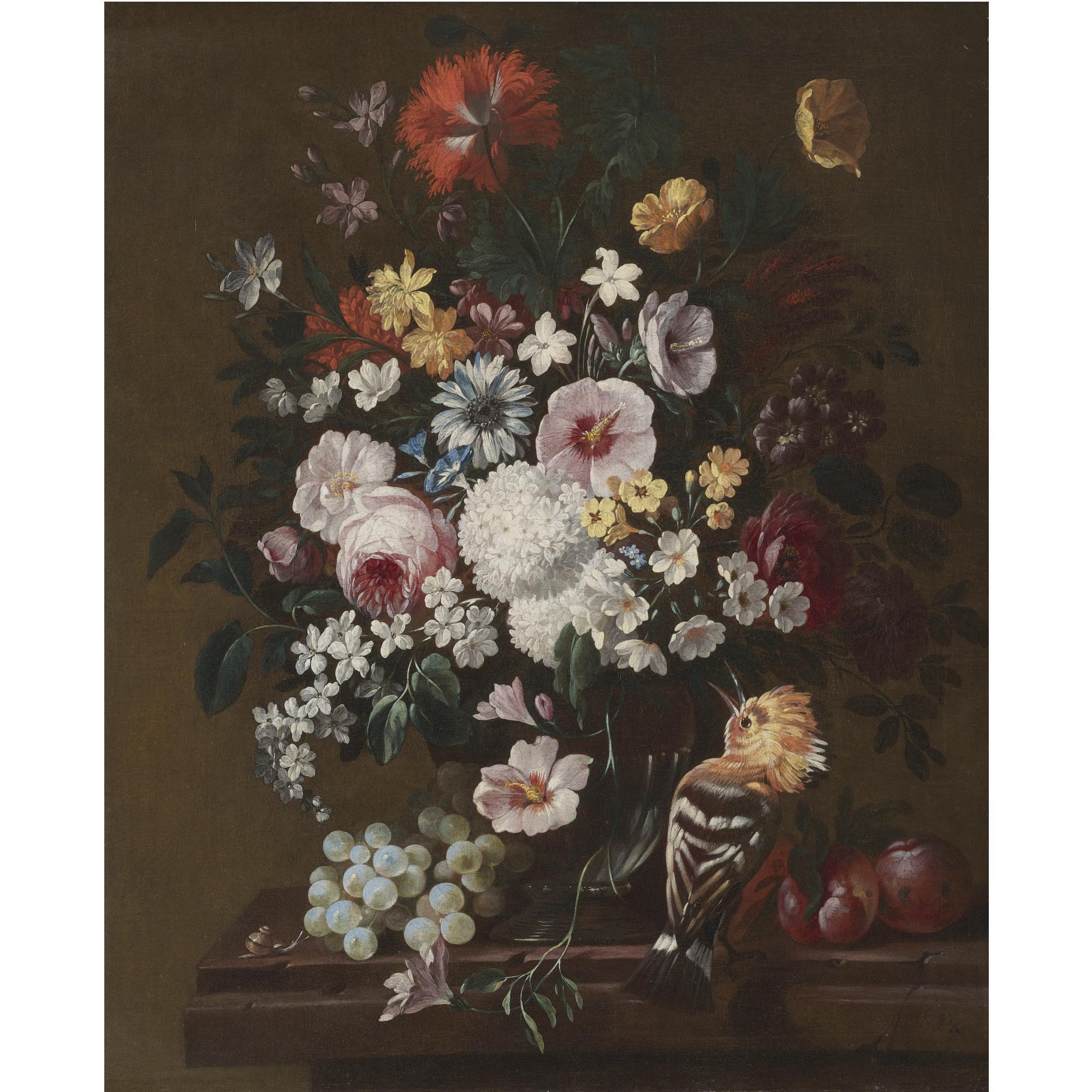 Philip Van Kouwenbergh - A Still Life With Flowers In A Glass Vase With A Hoopoe, Plums And A Bunch Of Grapes
