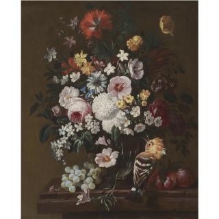 Philip Van Kouwenbergh - A Still Life With Flowers In A Glass Vase With A Hoopoe, Plums And A Bunch Of Grapes