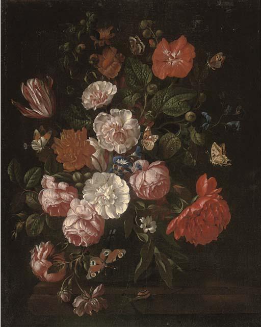 Philip van Kouwenbergh - Roses, carnations, morning glory and a tulip in a glass vase on a wooden ledge with butterflies and a snail