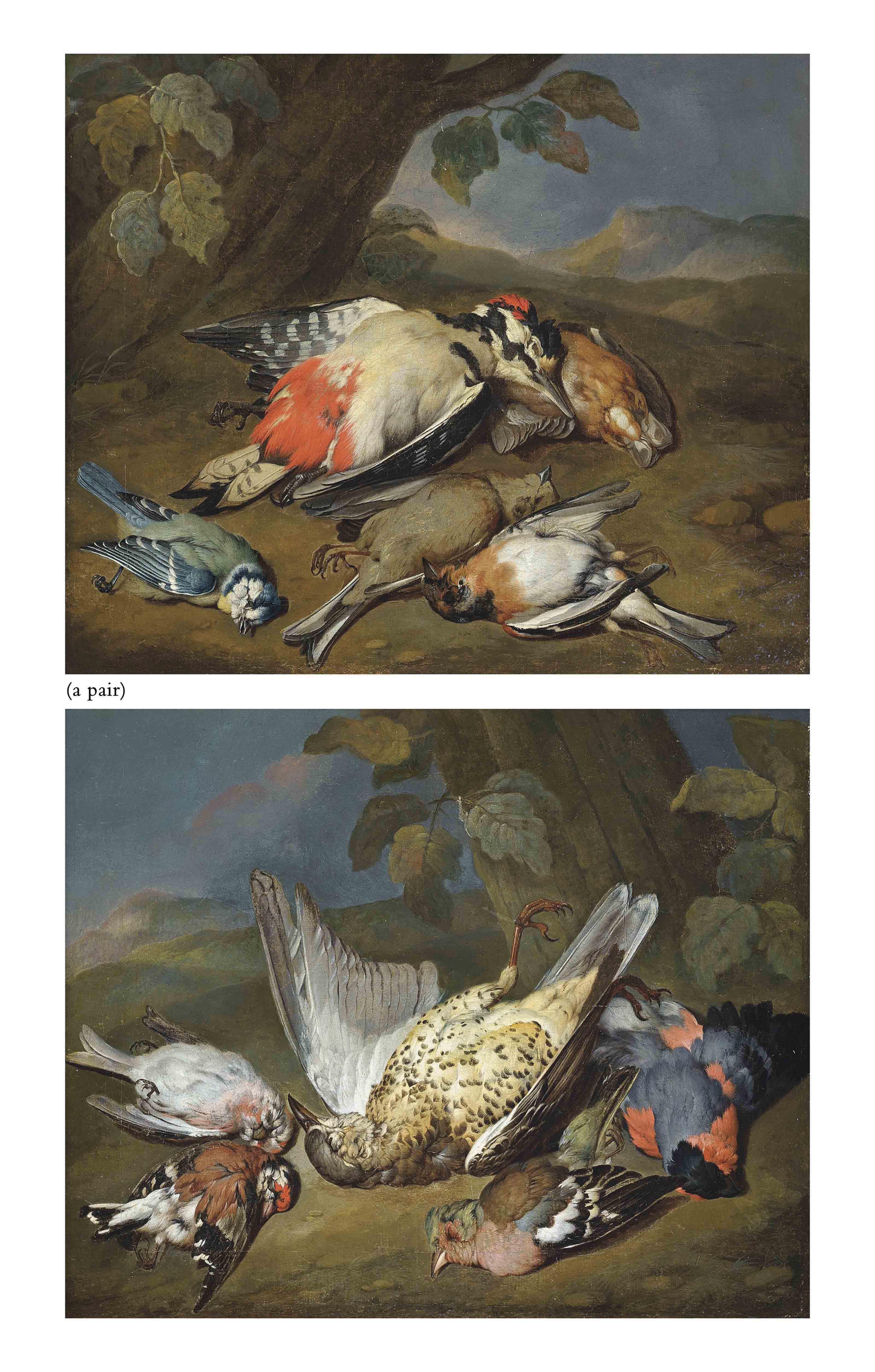 Philipp Ferdinand de Hamilton - A dead ptarmigan, a bullfinch, a greenfinch and other birds, in a wooded clearing; and A dead great spotted woodpecker, a bluetit, a bearded tit and other birds, in a wooded clearing