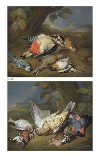 Philipp Ferdinand de Hamilton - A dead ptarmigan, a bullfinch, a greenfinch and other birds, in a wooded clearing; and A dead great spotted woodpecker, a bluetit, a bearded tit and other birds, in a wooded clearing