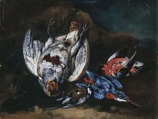 Philipp Ferdinand De Hamilton - A hunting still life of a partridge, a great tit, a jay and a robin on a forest floor