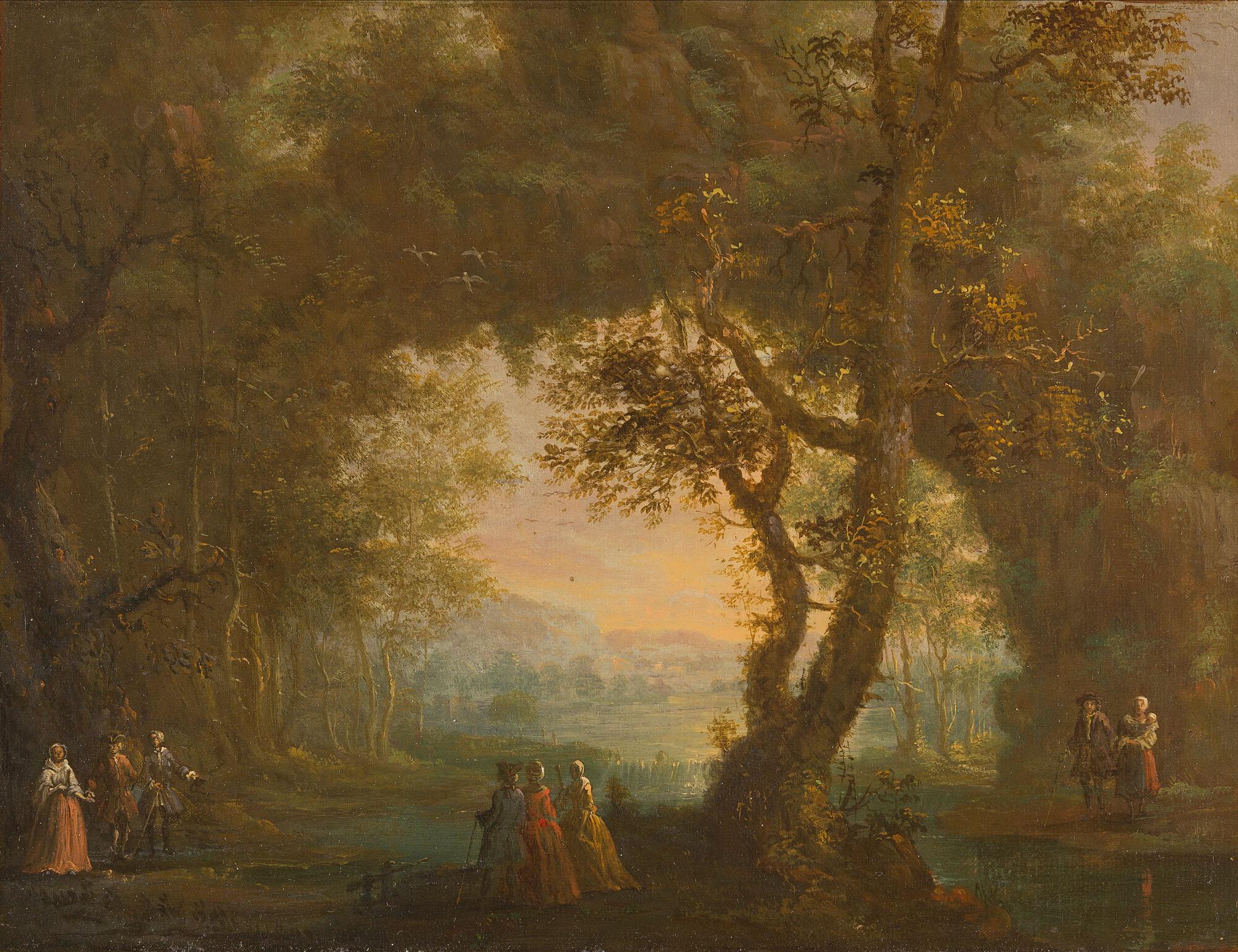 Philipp Hieronymus Brinckmann - Bewaldete Landschaft mit Bauern und höfischer Gesellschaft.