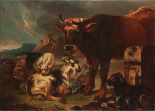 Philipp Peter Roos - A bull with goats and a dog before a landscape