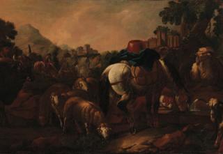 Philipp Peter Roos - A drover with a bull, sheep, goats and a packhorse at a fountain in a mountainous landscape