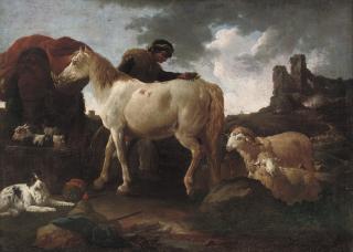 Philipp Peter Roos - A peasent attending a horse in an Italianate landscape